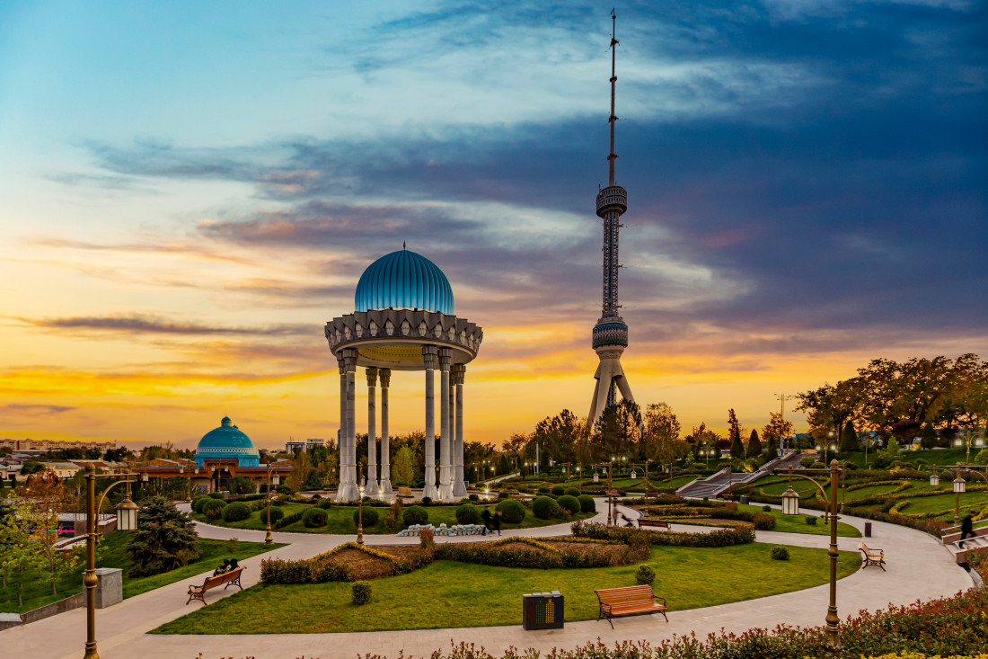 Tashkent city skyline at sunset